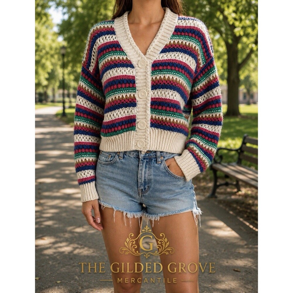 Vigoss Rainbow Stripe Cardigan Sweater Boho Cottagecore Knit Womens Small
